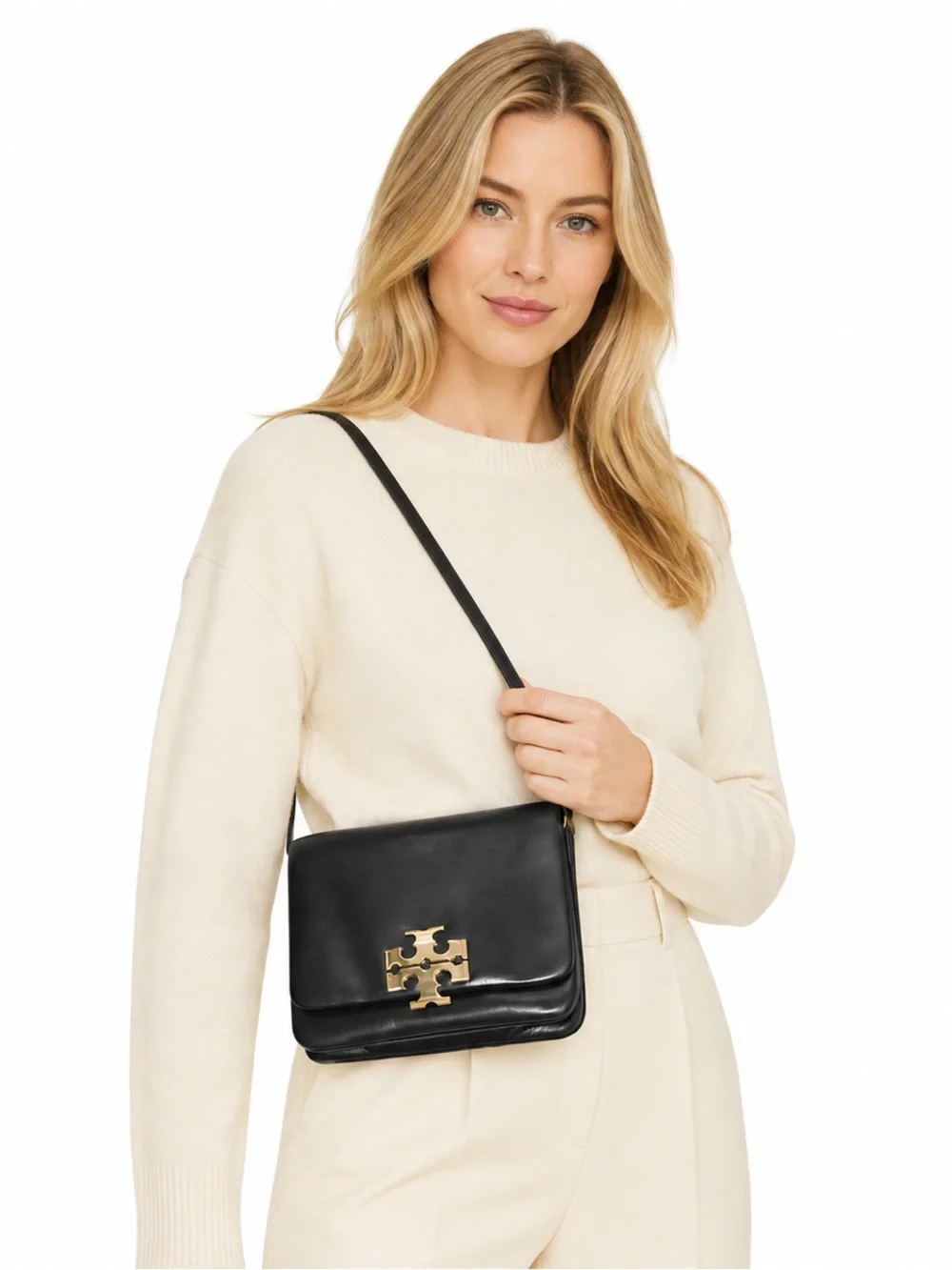 Tory Burch Charlie Runway Eleanor Black Leather Shoulder Crossbody Bag